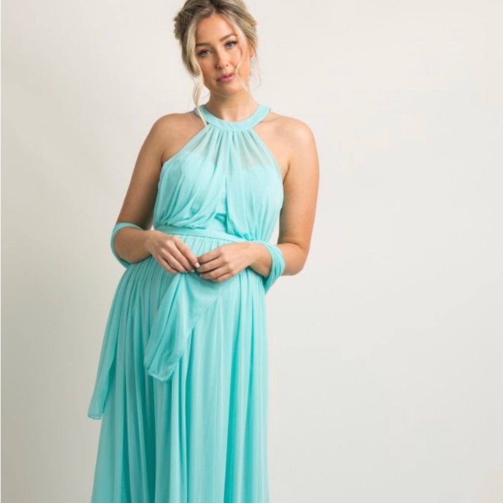 Pink Blush Halter Tulle Evening Maternity Gown by Eva Size Medium Halter